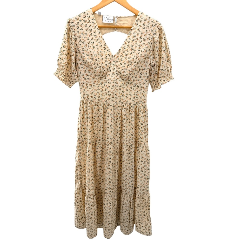 Daisy Street Tiered Cutout Midi Dress Floral Cream V-Neck Keyhole Back Size M